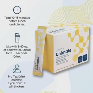May include: A box and a single stick packet of Unicity Unimate lemon flavored mate instant beverage mix. The packaging is white and yellow with abstract patterns. Text includes instructions to mix with 8-10 oz. of water and consume before meals.