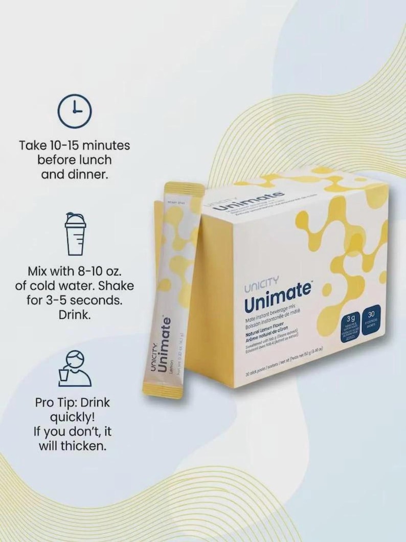 May include: A box and a single stick packet of Unicity Unimate lemon flavored mate instant beverage mix. The packaging is white and yellow with abstract patterns. Text includes instructions to mix with 8-10 oz. of water and consume before meals.