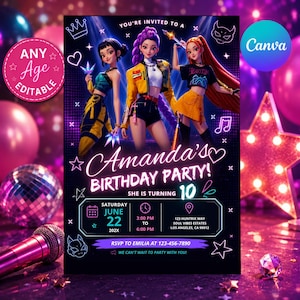 May include: A birthday party invitation card featuring three animated characters in colorful outfits against a dark background with neon accents. Text includes Amanda's BIRTHDAY PARTY, SHE IS TURNING 10, and event details for June 22, 202X.