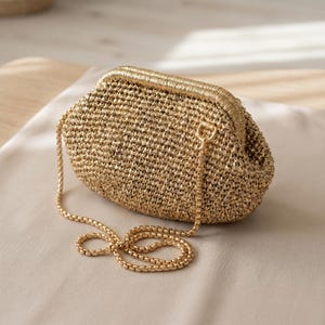Metallic Gold Woven Crossbody Bag, Chain Strap Evening Clutch, Handmade Party Purse for Weddings