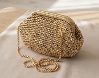 Metallic Gold Woven Crossbody Bag, Chain Strap Evening Clutch, Handmade Party Purse for Weddings