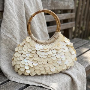 Cream Shell Sequin Handbag, Bamboo Handle Clutch, Summer Bridal Beach Evening Purse