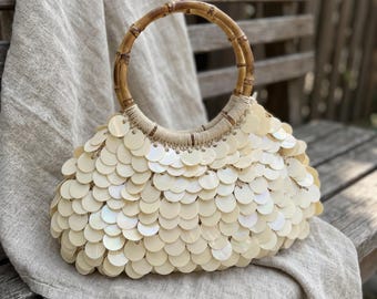 Cream Shell Sequin Handbag, Bamboo Handle Clutch, Summer Bridal Beach Evening Purse