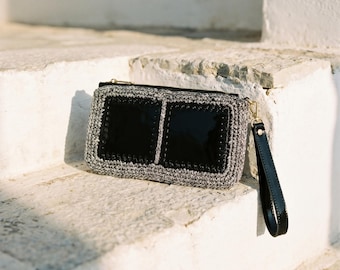 Crochet Wristlet Wallet Black Leather Clutch Handmade Zip Pouch
