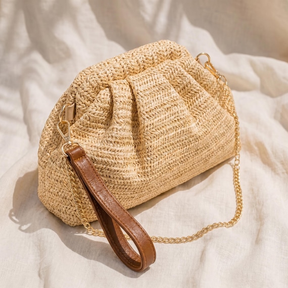 Straw Clutch Bag, Woven Shoulder Purse, Summer Wristlet Handbag, Boho Chain Crossbody
