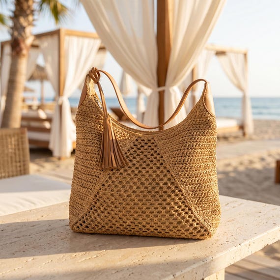 Straw Shoulder Bag, Zippered Woven Summer Purse, Natural Beach Handbag