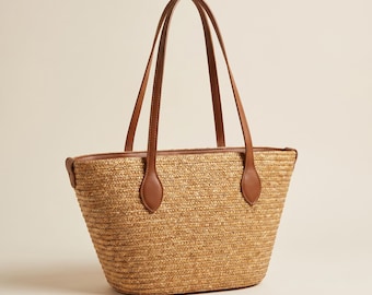 Straw Beach Tote Bag, Zippered Woven Shoulder Purse, Large Summer Handbag