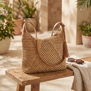 May include: A woven straw tote bag with brown leather handles and a tassel. The bag has a unique open weave design and is sitting on a wooden bench. Sunglasses and a linen cloth are next to the bag.