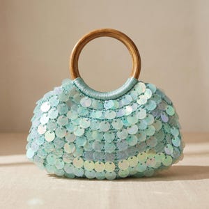 Mint Sequin Handbag, Wooden Handle Summer Purse, Sparkly Beach Party Bag