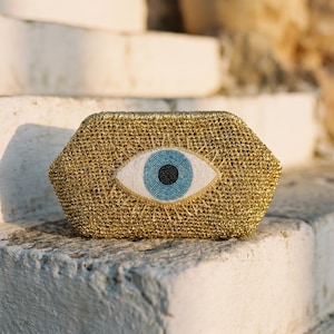 Gold Evil Eye Clutch Bag, Shiny Evening Purse, Beaded Nazar Party Handbag