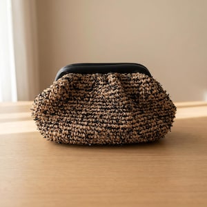 Black Raffia Clutch Bag, Woven Straw Evening Purse, Summer Party Handbag