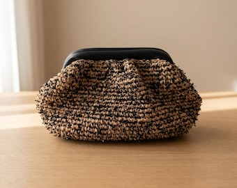 Bolso de mano de rafia negra, bolso de noche de paja tejida, bolso de fiesta de verano