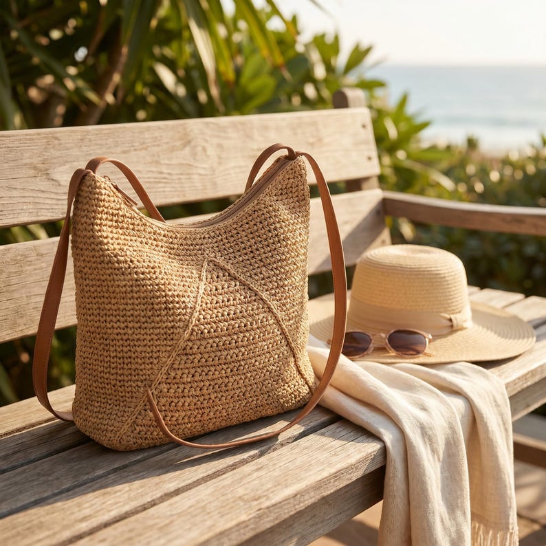 May include: A woven straw tote bag with brown leather straps sits on a wooden bench. A straw hat with a brown band and sunglasses rest beside a cream-colored scarf. The scene is set outdoors with a view of the ocean.