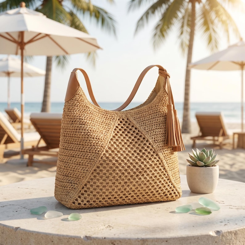May include: A woven straw shoulder bag with leather handles and a tassel. The bag has a geometric open weave design and is set on a stone surface with a beach scene in the background.