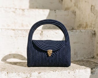 Navy Blue Straw Clutch Bag, Handmade Jute Evening Purse
