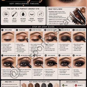 Könnte beinhalten: Eine Anleitung mit dem Titel „How to Do the Perfect Smokey Eye“. Das Bild zeigt eine Schritt-für-Schritt-Anleitung mit Illustrationen und Text, einschließlich Produktempfehlungen und Tipps für den perfekten Look.