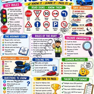 May include: A colorful infographic for a driver's theory test, featuring road signs, rules, and safety tips. Includes sections on vehicle checks, hazard awareness, and common mistakes. The text "THEORY DRIVERS TEST REVISION" is prominently displayed.