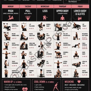 May include: A workout routine chart with exercises for each day of the week, including push, pull, legs, upper body, and lower body/glutes. The chart includes warm-up, cool-down, and nutrition guide sections.