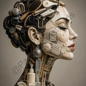 Peut inclure: Une sculpture de profil représentant une tête et un cou humains, assemblée à partir d'objets domestiques tels que des boutons, une brosse à cheveux, un fouet, un distributeur de savon et divers composants en plastique, dans des tons beige et blanc.