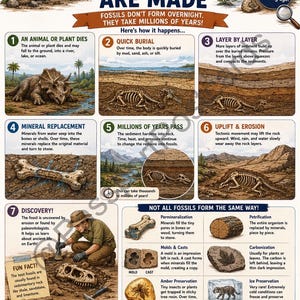 May include: An educational infographic detailing the formation of fossils, with diagrams illustrating the process. Includes text: "How Fossils Are Made." Features illustrations of animal burial, and mineral replacement.
