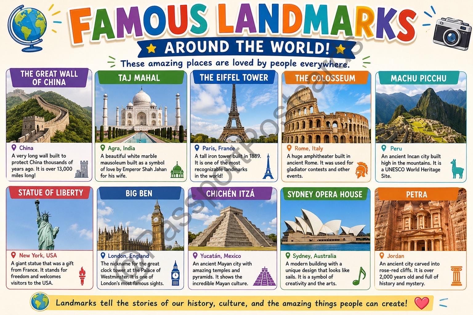 Famous World Landmarks Poster | Kids Geography Learning Chart (digital ...