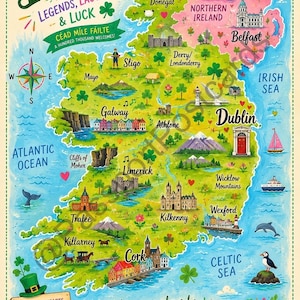 Op de afbeelding: Kleurrijke geïllustreerde kaart van Ierland met steden, bezienswaardigheden en de tekst "Ireland". Bevat kompas, klavers en zinnen als "Legends, Laughter & Luck". De kaart wordt omgeven door de Atlantische Oceaan en de Ierse Zee.