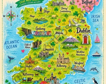 Whimsical Map of Ireland Poster | Colourful Irish Travel Wall Art Print