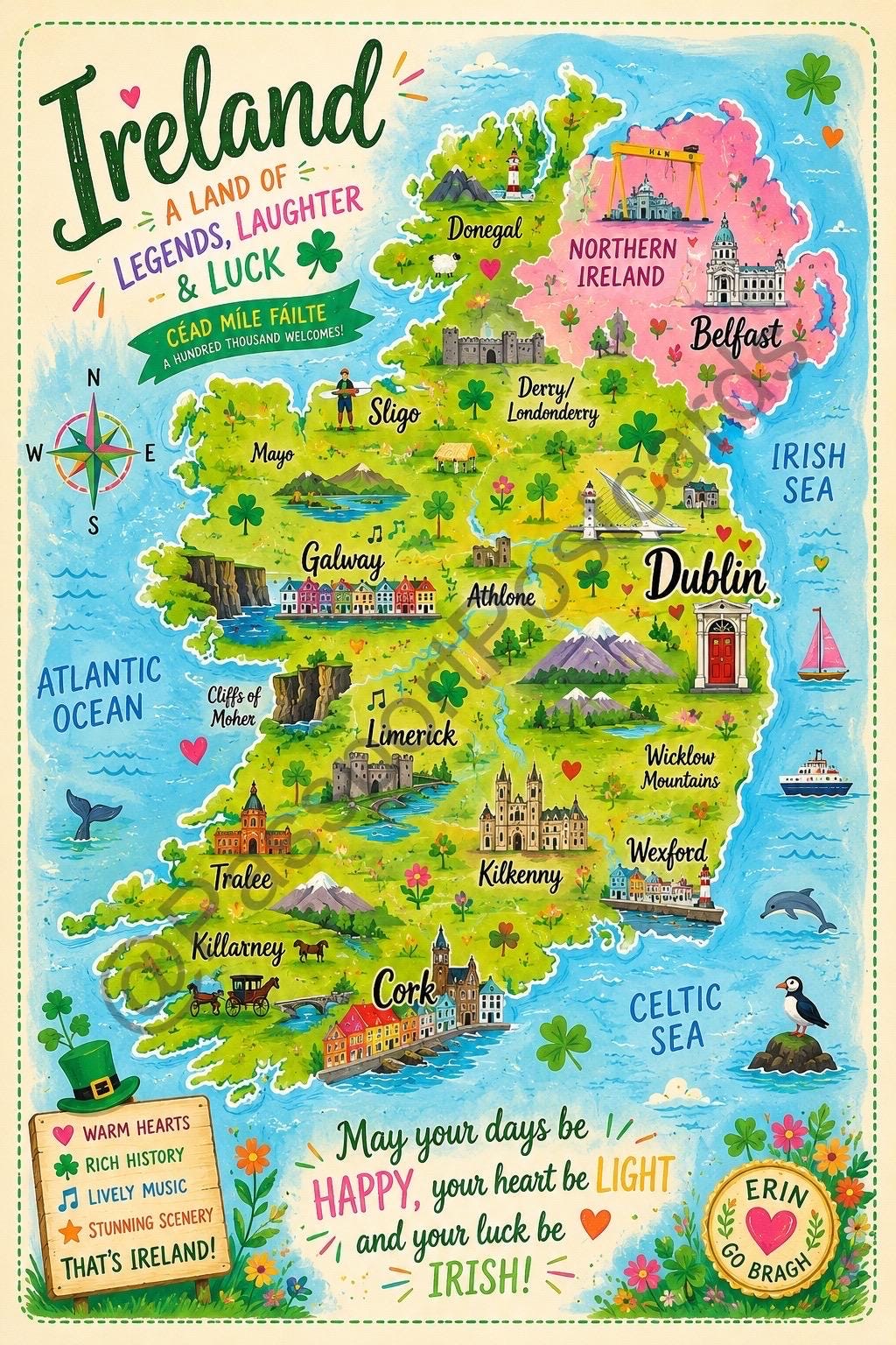 Rustic Irish Map Whimsical Map of Ireland Poster | Colourful Irish Travel Wall Art Print ...