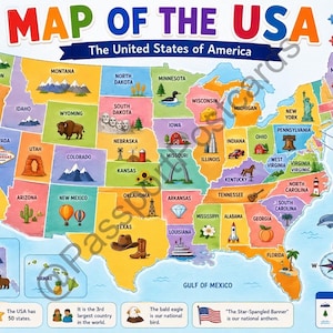 May include: Colorful map of the USA with each state in a different color. Includes illustrations of landmarks, animals, and the American flag. Text reads "Map of the USA" and "The United States of America".