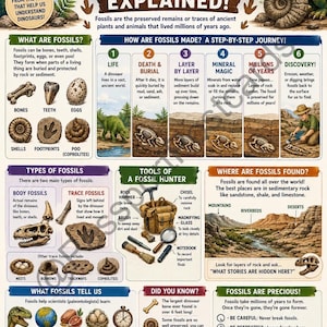 Può includere: Poster educativo che spiega i fossili dei dinosauri. Include illustrazioni di tipi di fossili, strumenti e il processo di fossilizzazione. Presenta testi come "Fossili di Dinosauri Spiegati!" e "Cosa ci dicono i fossili."