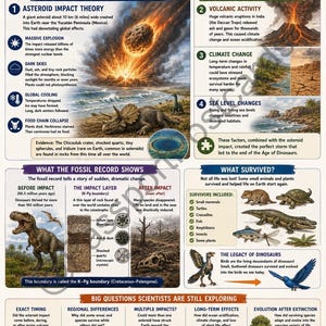May include: An educational infographic, "Extinction Theory", explains the disappearance of dinosaurs. It includes illustrations of an asteroid impact, volcanic activity, and climate change, with text detailing the events.