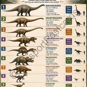 Pode incluir: Pôster educativo mostrando dinossauros em ordem de altura, do maior para o menor. Inclui ilustrações de Brachiosaurus, Argentinosaurus e Tyrannosaurus Rex, com alturas variando de 13 m a 0,4 m.