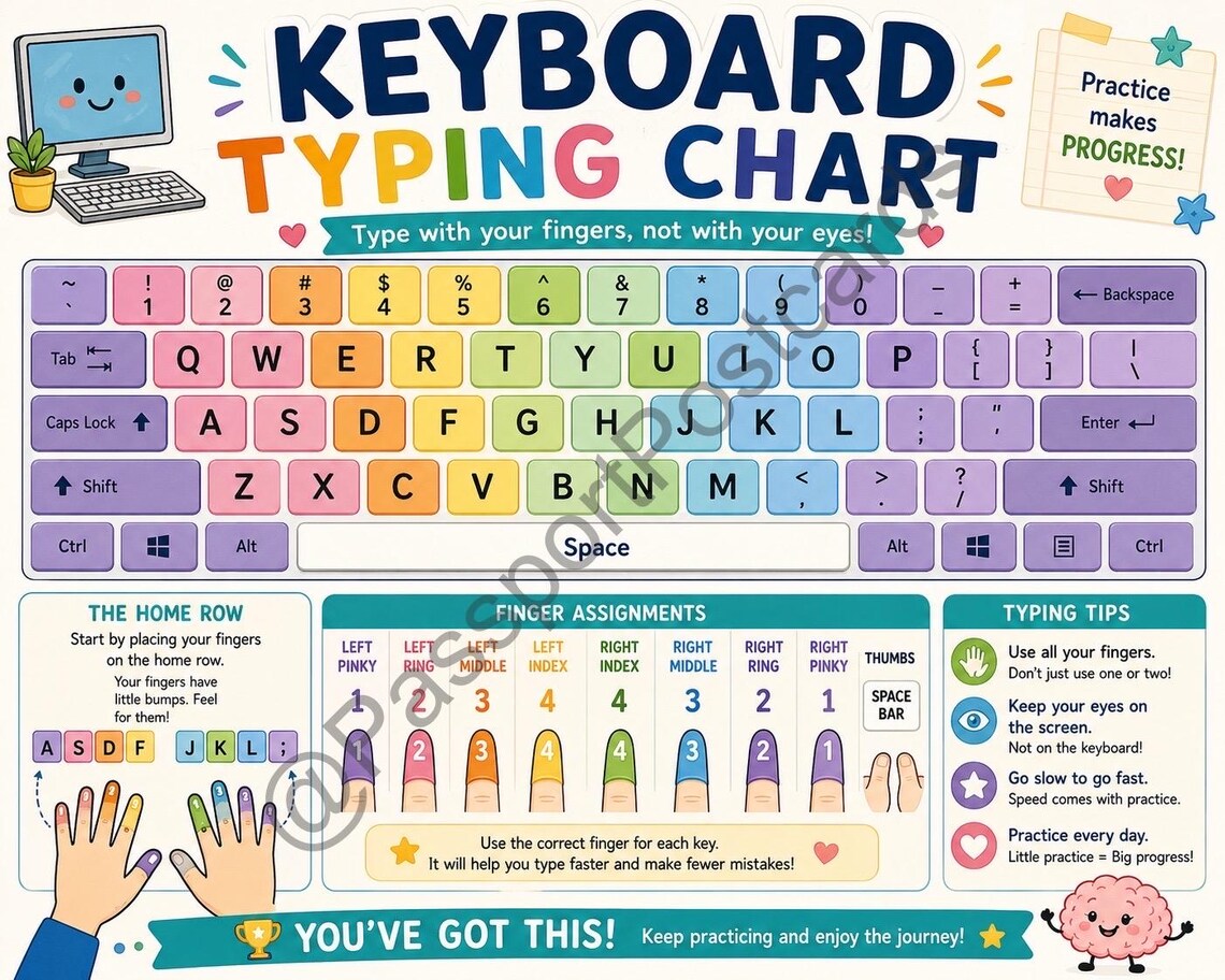 Kids Keyboard Typing Chart | Finger Placement, Home Row Guide (digital ...