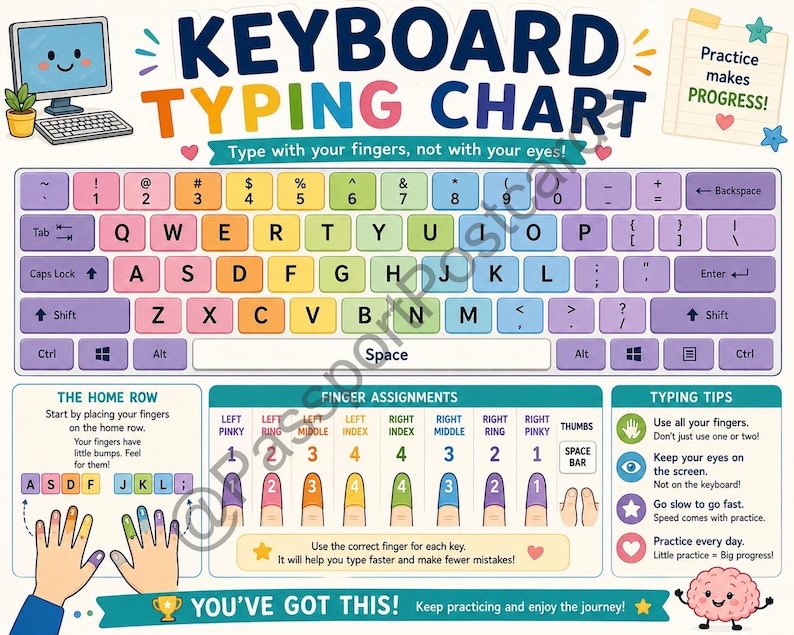 Kids Keyboard Typing Chart | Finger Placement, Home Row Guide (digital ...