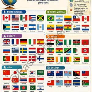 May include: A colorful educational poster titled "Flags of the World" displays flags from various countries, categorized by continent. The poster includes a globe illustration, fun facts, and the text "Explore, Learn, Discover."