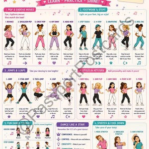 Könnte beinhalten: Tanzbewegungs-Guide-Poster mit Illustrationen von Tanzschritten, einschließlich Sprüngen, Fußarbeit und Dehnübungen. Das Poster zeigt farbenfrohe Grafiken und Text, mit Tipps für Tänzer und lustigen Tanzkombinationen.