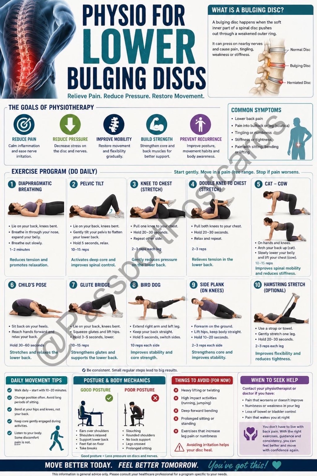 Lower Bulging Discs Physio Poster | Back Pain Relief Exercises, Spine ...