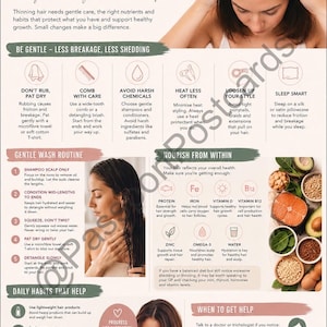 Op de afbeelding: Infographic over de verzorging van dunner wordend haar, met tips over zacht wassen, stylen en voeding. De afbeelding toont een vrouw en tekst met advies over haarverzorging. Bevat advies over dagelijkse routines voor de gezondheid van het haar.