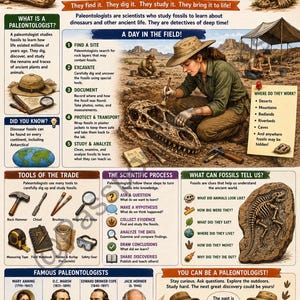 May include: An educational poster detailing the work of dinosaur scientists, or paleontologists. The poster features illustrations of tools, famous paleontologists, and the scientific process, alongside a dinosaur skull and a paleontologist.