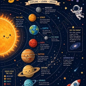 以下が含まれることがあります： 太陽系のカラフルな教育ポスター。太陽、惑星、宇宙飛行士、ロケットのイラストが特徴です。ポスターには、各惑星と太陽に関する事実が記載されており、「探求、学習、夢」というテキストが含まれています。