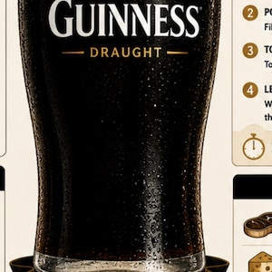 May include: A pint of Guinness Draught beer, a dark stout with a creamy head. The glass features the Guinness logo with a harp and the text "ESTD 1759". The image includes the text "BREWED IN DUBLIN ENJOYED AROUND THE WORLD".