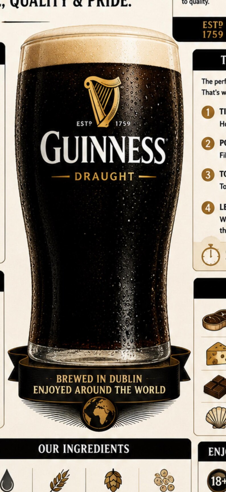 May include: A pint of Guinness Draught beer, a dark stout with a creamy head. The glass features the Guinness logo with a harp and the text "ESTD 1759". The image includes the text "BREWED IN DUBLIN ENJOYED AROUND THE WORLD".