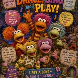 May include: A colorful poster featuring the Fraggles from Fraggle Rock. The poster has the text "Dance, Sing, and Play!" and includes various Fraggles with musical instruments. The poster also has inspirational messages.