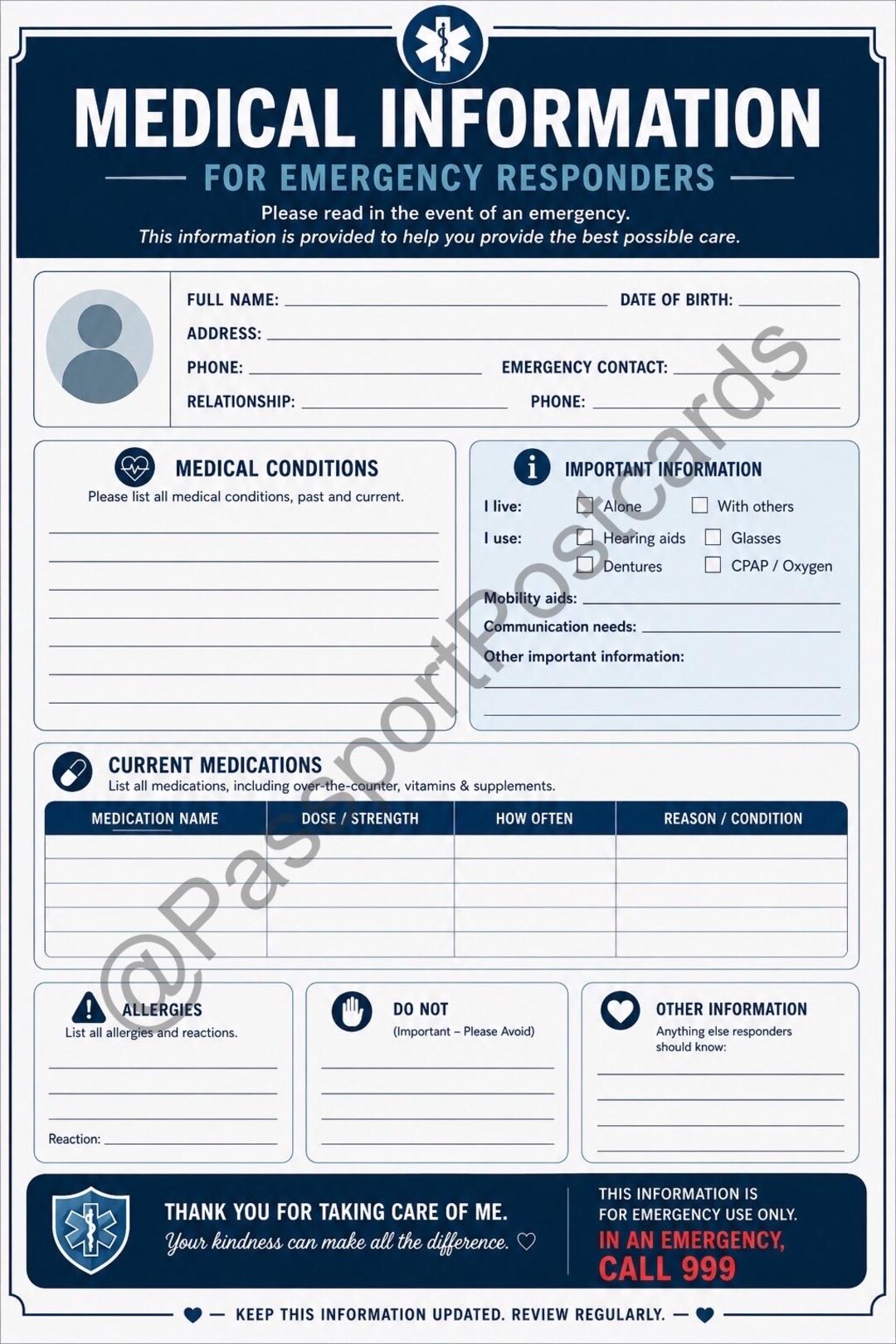 Medical Information Sheet Printable | Emergency Medical Form ...