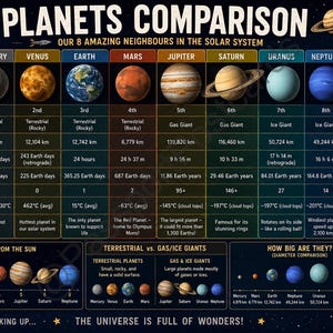 Può includere: Un'infografica dettagliata che confronta gli otto pianeti del nostro sistema solare: Mercurio, Venere, Terra, Marte, Giove, Saturno, Urano e Nettuno. Include dati su diametro, rotazione e temperatura.