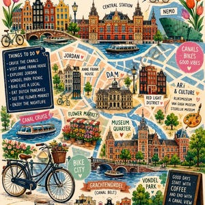 May include: Amsterdam city map illustration with landmarks, canals, and bicycles. Features Central Station, Anne Frank House, and Vondel Park. Includes text: "Things to do" and "Dutch Treats". Colorful and detailed.