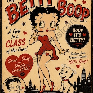 May include: A vintage poster featuring Betty Boop in a red dress and heels, with her dog. The poster includes text such as "Boop," "Fashion Icon," and "Since 1930." The background is a beige colour with hearts and stars.