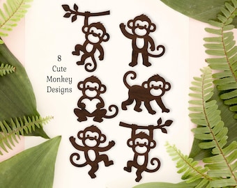 8 Monkey Silhouette SVG Bundle for laser cutting. Monkey craft designs