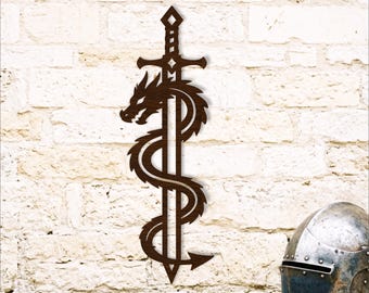 Dragon Sword SVG, Fantasy Wall Art, Medieval Dragon Laser Cut Design, Gothic Decor File