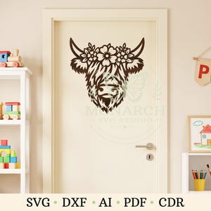 Letrero de pared con diseño floral de vaca de las Tierras Altas en formato SVG, decoración rústica de vaca para corte láser. imagen 4